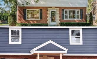 Blue siding with red brick